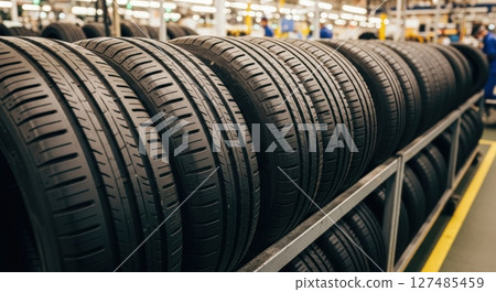 New black car tires neatly arranged on a metal rack in an automotive factory 127485459