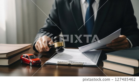 Lawyer holding gavel and documents with toy car on desk for legal accident case Lawyer holding gavel and documents with toy car on desk for legal accident case 127485462