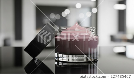 Elegant dark grey cosmetic jar with pink cream on reflective surface Elegant dark grey cosmetic jar with pink cream on reflective surface 127485467