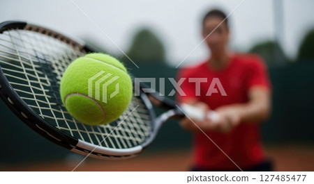 Tennis ball hitting a racket on a clay court with an athlete in the background 127485477