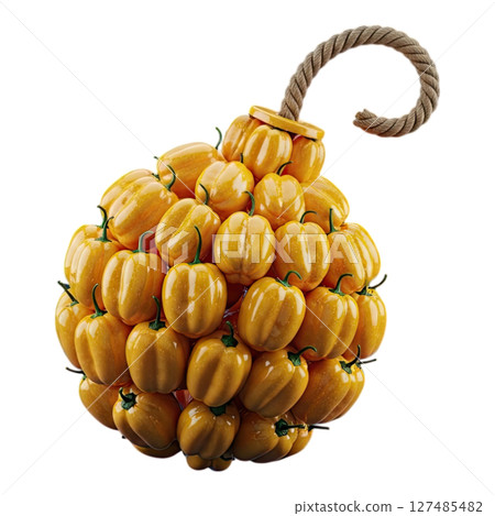 Vibrant yellow habanero pepper bomb with rope fuse, explosive spice concept 127485482