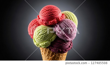Colorful ice cream scoops in a waffle cone with various flavors for summer dessert Colorful ice cream scoops in a waffle cone with various flavors for summer dessert 127485508