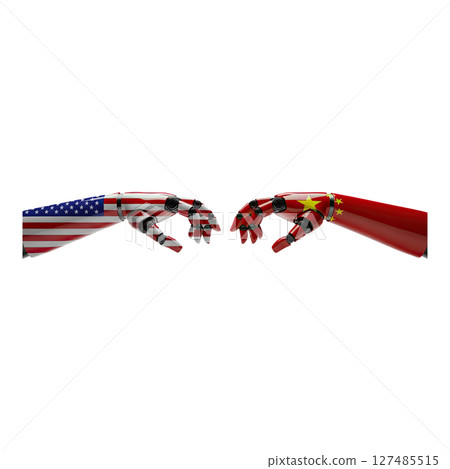 Robotic arms with usa and china flags in confrontation, geopolitical tech rivalry 127485515