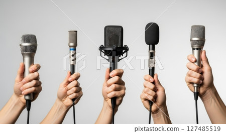 Hands holding various professional microphones for communication, media, and interview concepts Hands holding various professional microphones for communication, media, and interview concepts 127485519