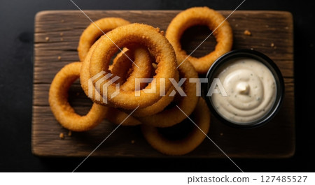 Golden crispy onion rings with dipping sauce on a rustic wooden board 127485527