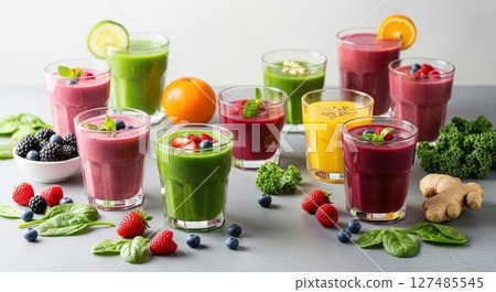 Vibrant assortment of fresh fruit and vegetable smoothies in glasses with ingredients 127485545