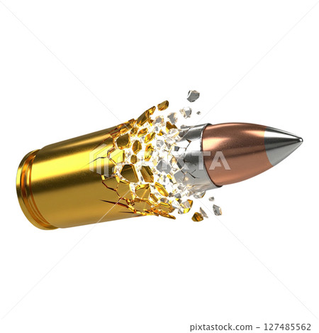 Dynamic explosion of a bullet shattering into gold and silver geometric fragments 127485562