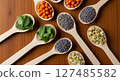 Wooden spoons with natural herbal ingredients like mint, lavender, sea buckthorn, and chamomile 127485582