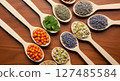 Assortment of natural dried herbs and berries in wooden spoons on a rustic table 127485584
