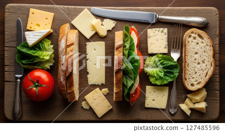 Assorted cheese, fresh bread, and vegetables on a rustic wooden board with a sandwich. 127485596