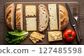 Top down view of fresh ingredients for a gourmet sandwich or cheese board 127485598