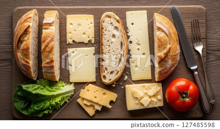 Top down view of fresh ingredients for a gourmet sandwich or cheese board Top down view of fresh ingredients for a gourmet sandwich or cheese board 127485598