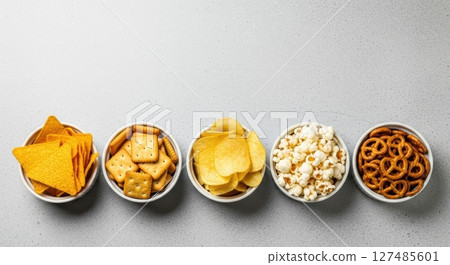 Assortment of popular snacks including chips, crackers, popcorn, and pretzels in bowls on a grey surface Assortment of popular snacks including chips, crackers, popcorn, and pretzels in bowls on a grey surface 127485601