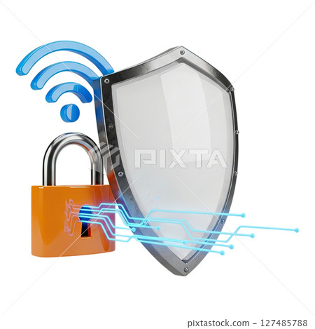 Digital security concept with shield, padlock, and wi fi for network protection 127485788