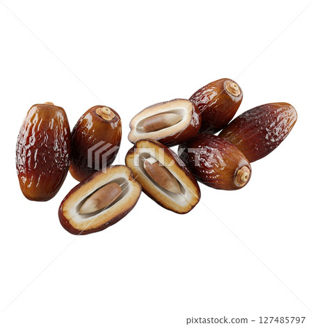 Plump dark brown date fruits, some whole and others cut open revealing their inner pits. 127485797