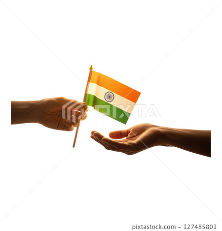 Hands exchanging indian flag, symbolizing unity, patriotism, and national pride 127485801