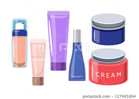 Set of Cosmetic and Skincare Bottles and Containers 127485804