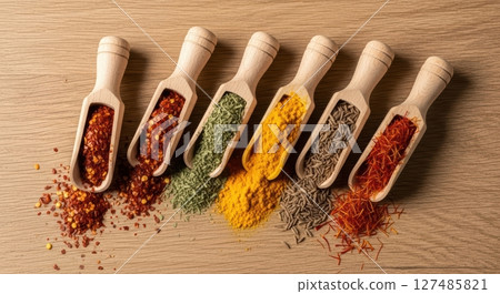 Assortment of vibrant culinary spices in small wooden scoops on a light wooden table 127485821