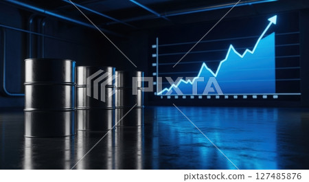 Oil barrels and a glowing blue financial graph showing an upward trend in a dark room. 127485876