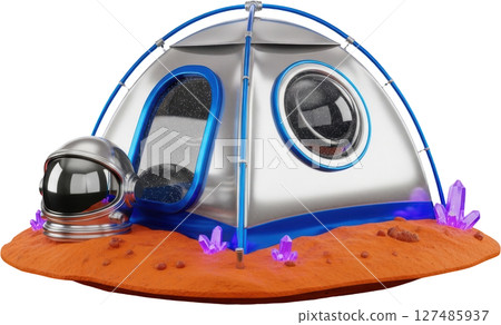 Futuristic space age tent pod for lunar exploration with astronaut helmet 127485937