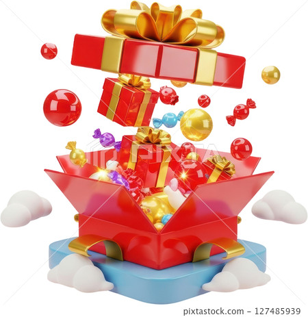 Whimsical red gift box bursting open with smaller presents and candies 127485939