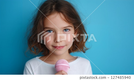 Portrait of a cheerful young girl enjoying a pink ice cream cone against a bright blue wall.  127485940