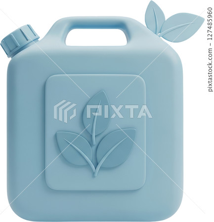 Light blue jerry can with leaf emblems for sustainable biofuel and green energy 127485960