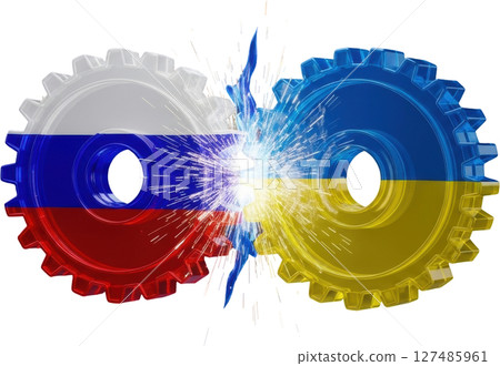 Geopolitical conflict, russian and ukrainian flag gears clashing with sparks Geopolitical conflict, russian and ukrainian flag gears clashing with sparks 127485961