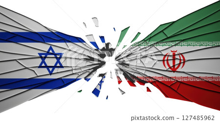Israel and iran flags shattered, symbolizing geopolitical conflict and tension Israel and iran flags shattered, symbolizing geopolitical conflict and tension 127485962