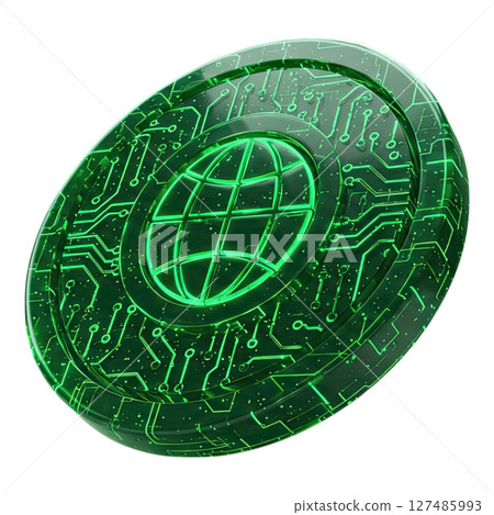 Glossy emerald green digital coin with global network circuit board design 127485993