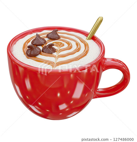Creamy hot chocolate drink in a vibrant red mug with caramel art and chocolate chips Creamy hot chocolate drink in a vibrant red mug with caramel art and chocolate chips 127486000