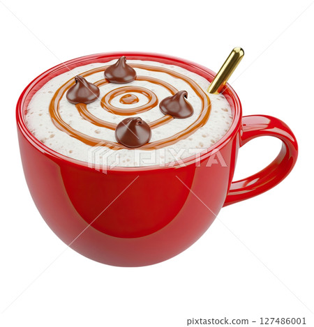 Creamy hot chocolate in a vibrant red mug topped with caramel and chocolate 127486001
