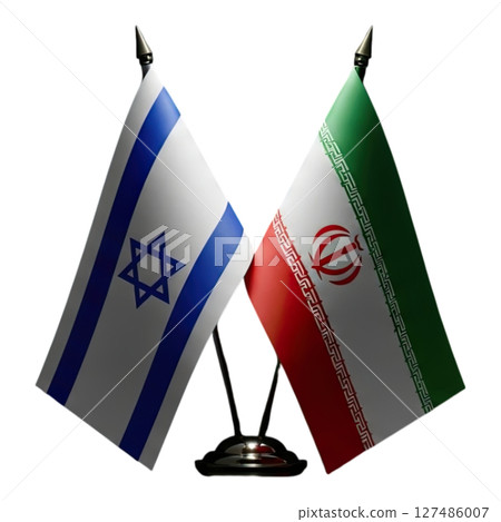 National flags of israel and iran positioned together, symbolizing international relations 127486007