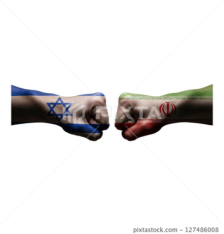 Israel and iran fists clash, symbolic geopolitical conflict and international tension Israel and iran fists clash, symbolic geopolitical conflict and international tension 127486008