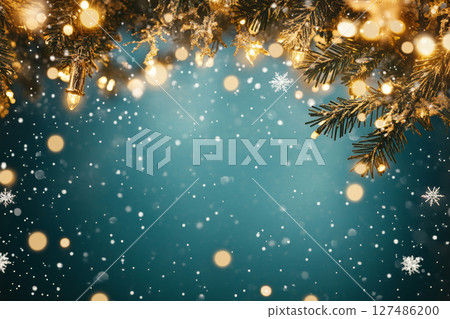 Christmas background with bokeh lights and snowflakes on blue 127486200