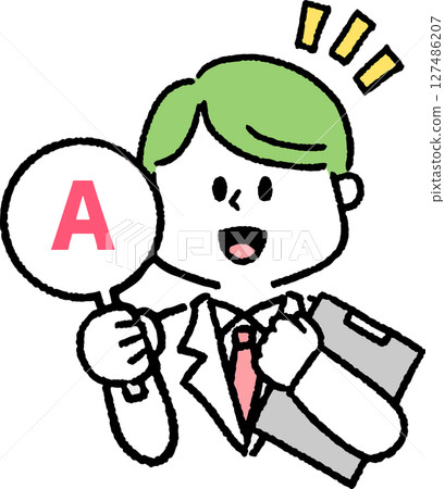 A man in a white coat holding an answer mark A man in a white coat holding an answer mark 127486207