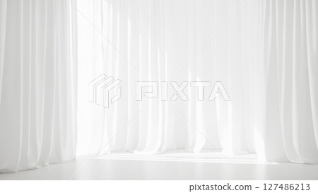 Minimalistic background with white transparent curtains. Light room with shine through the tulle Minimalistic background with white transparent curtains. Light room with shine through the tulle 127486213