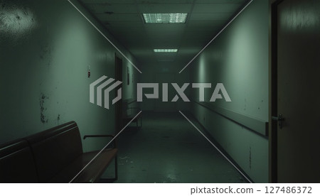 A creepy hallway in an abandoned hospital 127486372