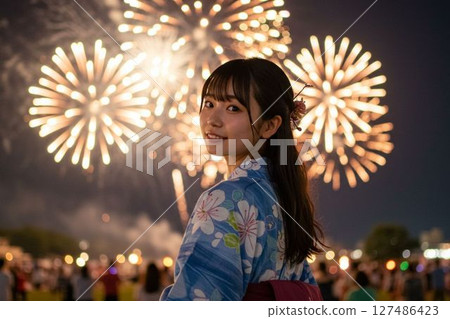 看煙花的yukata的一名婦女 看煙花的yukata的一名婦女 127486423