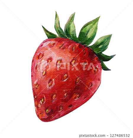 Strawberry acrylic painting on canvas with green leaves on white background for kitchen prints and summer fruit decor 127486532