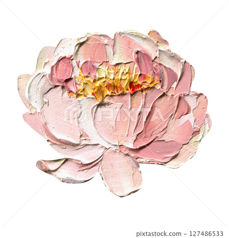 Single pink peony impasto oil painting on canvas with yellow center for romantic floral clipart or elegant wall art print, design 127486533