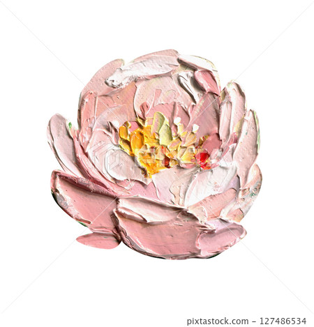 Single pink peony oil painting with thick impasto petals and yellow center for feminine floral print or wall art, design element 127486534