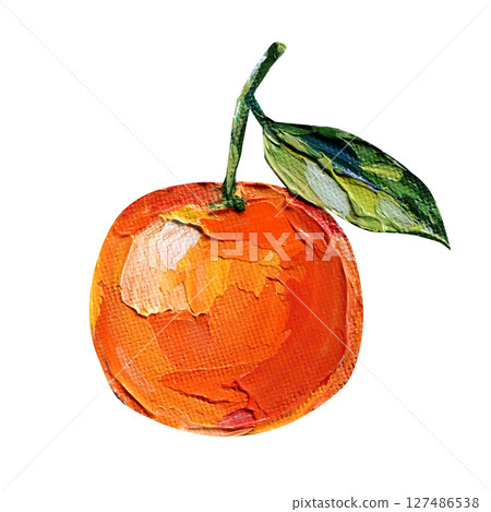 Orange oil original painting impasto canvas with leaf white background for citrus kitchen wall art or bright fruit-themed prints 127486538