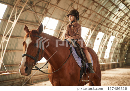Riding the animal. Cute little girl is with horse indoors 127486816
