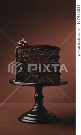 Close up of decadent multilayer chocolate cake slice on black stand with dark brown background, highlighting rich textures and gourmet indulgence.  127486831