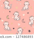 Seamless pattern with cute cats in the crown, with glitter. Pattern for girls, for textiles, children's clothing, overprint paper, prints. 127486893