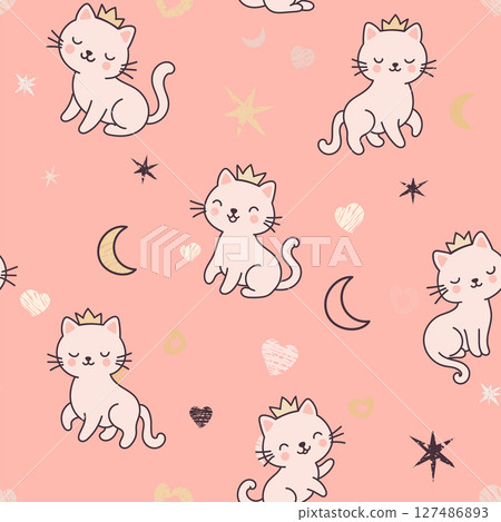 Seamless pattern with cute cats in the crown, with glitter. Pattern for girls, for textiles, children's clothing, overprint paper, prints. 127486893