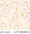 Seamless Pattern of Cute Princess Cat Wearing Crown with pastel-colored hearts, stars, on beige Background 127486894