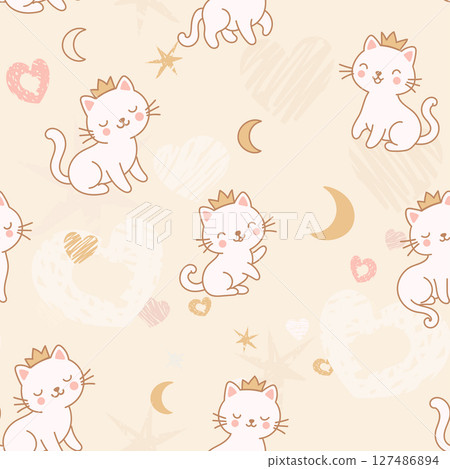 Seamless Pattern of Cute Princess Cat Wearing Crown with pastel-colored hearts, stars, on beige Background 127486894