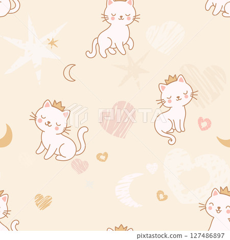 Seamless pattern featuring adorable kittens wearing cute little crowns 127486897
